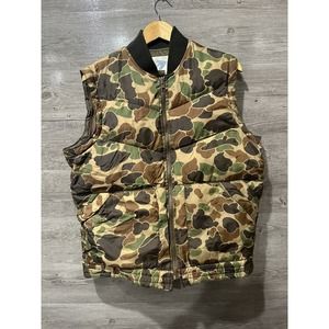Vtg Men's Trophy Club Green Duck Camo Puffer Goose Down Hunting Vest Full Zip M